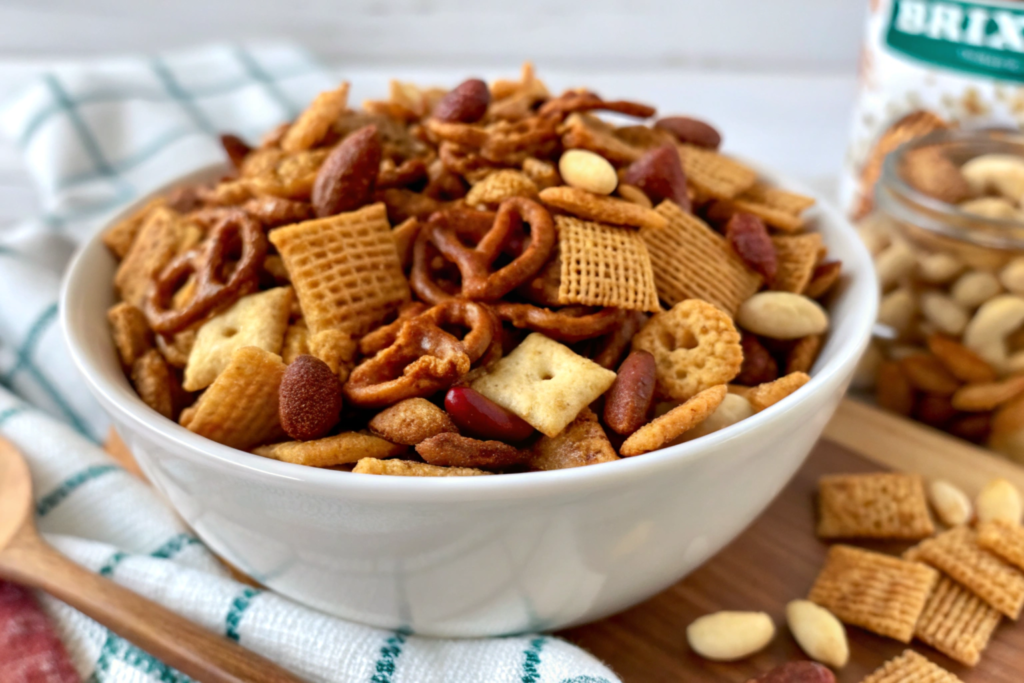 A bowl of homemade oven-baked Chex Mix with pretzels, bagel chips, and nuts, perfectly golden and ready to serve.