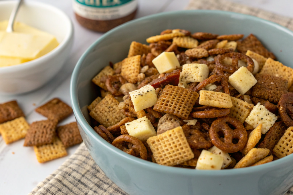 A baking sheet filled with oven-baked Chex Mix cooling, showcasing a golden and evenly toasted snack mix.