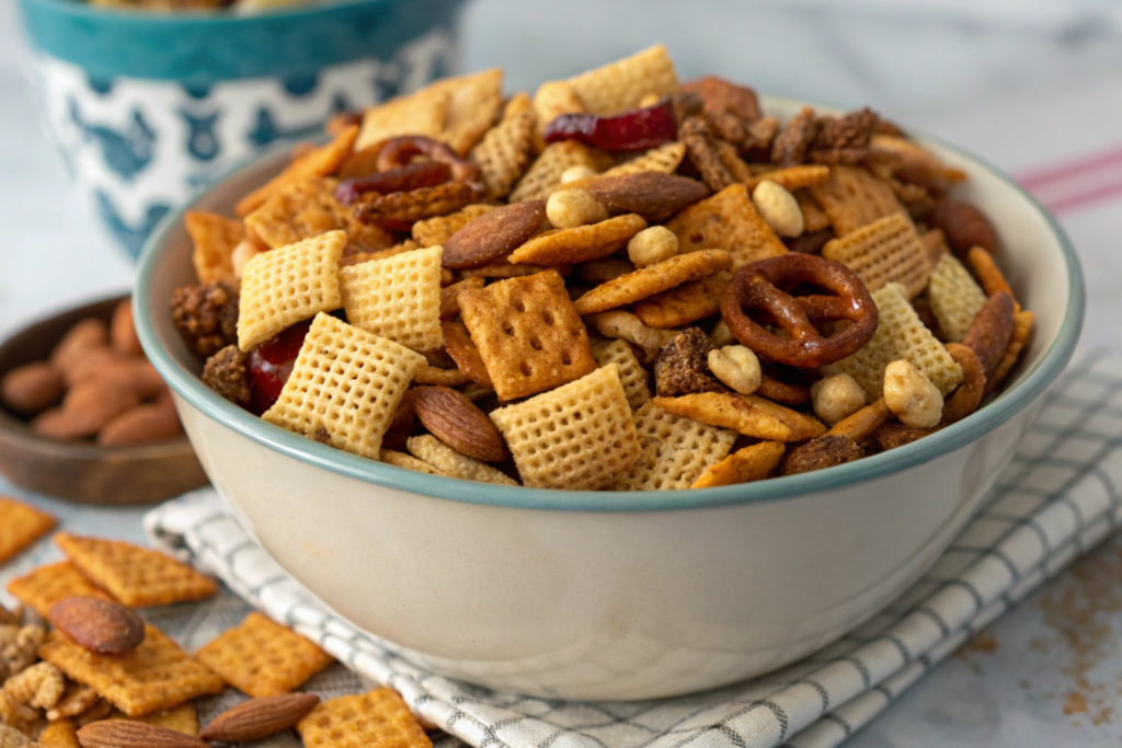 Gift jars filled with homemade oven-baked Chex Mix, decorated with festive ribbons and tags.