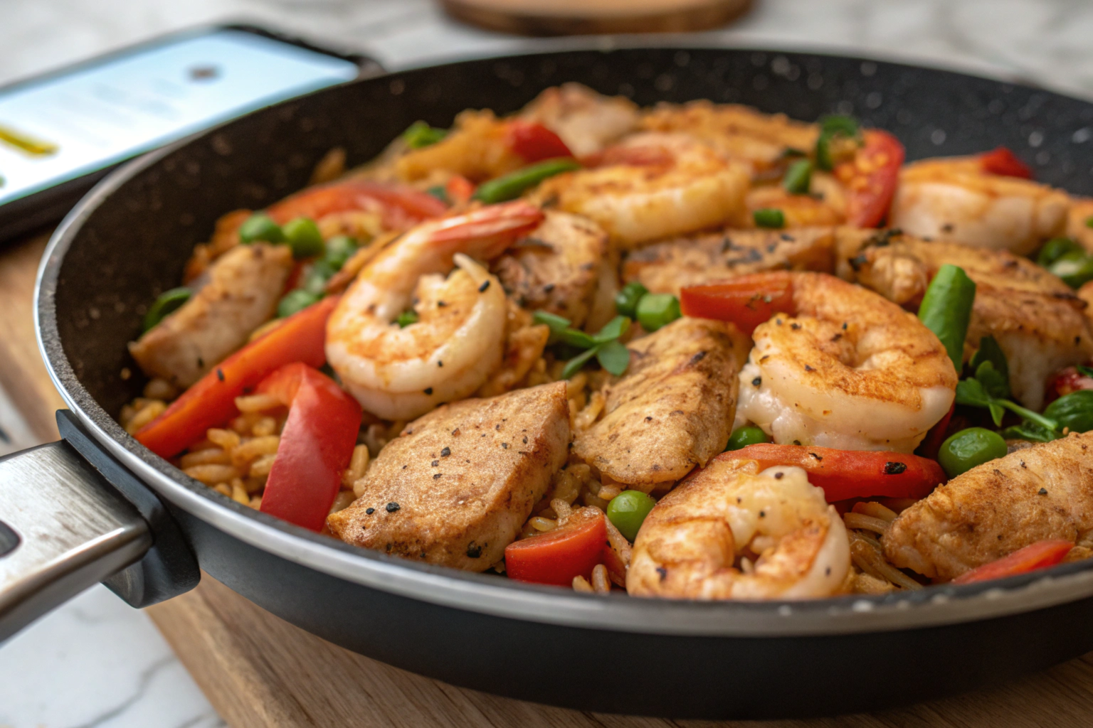 A plate of flavorful chicken and shrimp stir-fry with colorful vegetables.