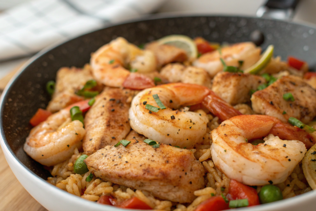 Creamy Cajun chicken and shrimp pasta served in a white bowl.