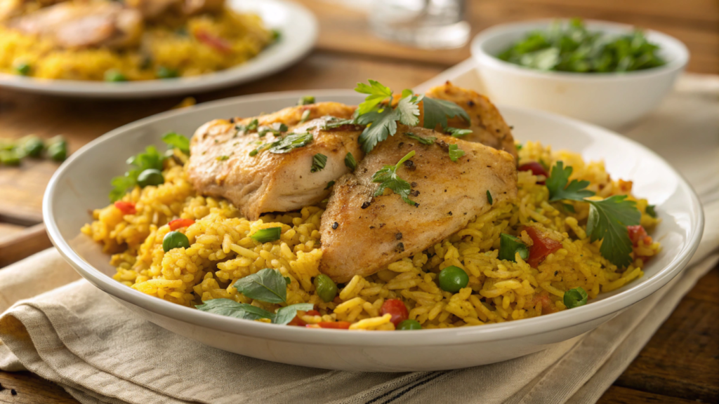 Delicious chicken and yellow rice served in a skillet, garnished with fresh parsley.