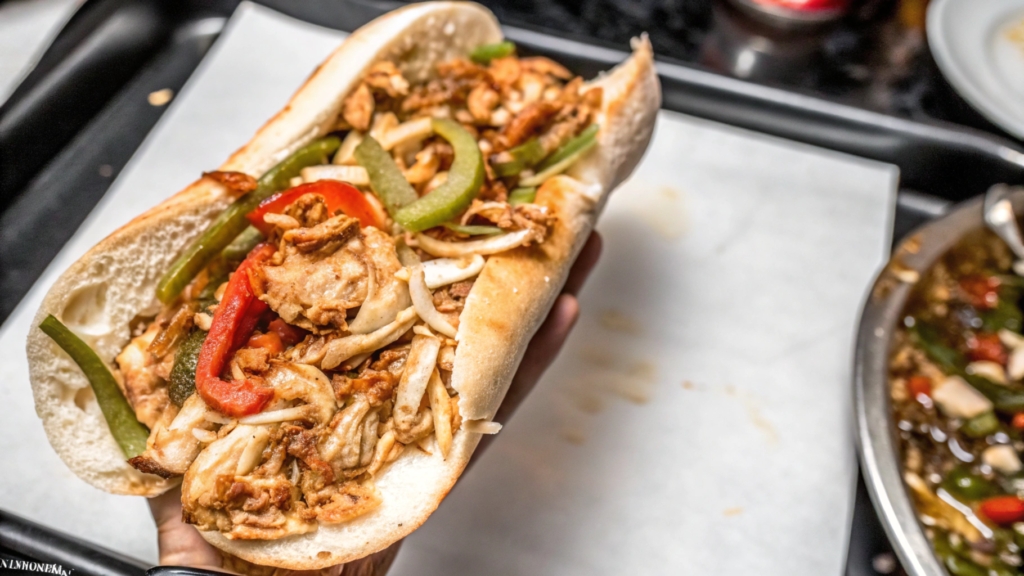 A chicken cheesesteak being assembled with sautéed chicken, melted cheese, and fresh vegetables on a toasted hoagie roll.