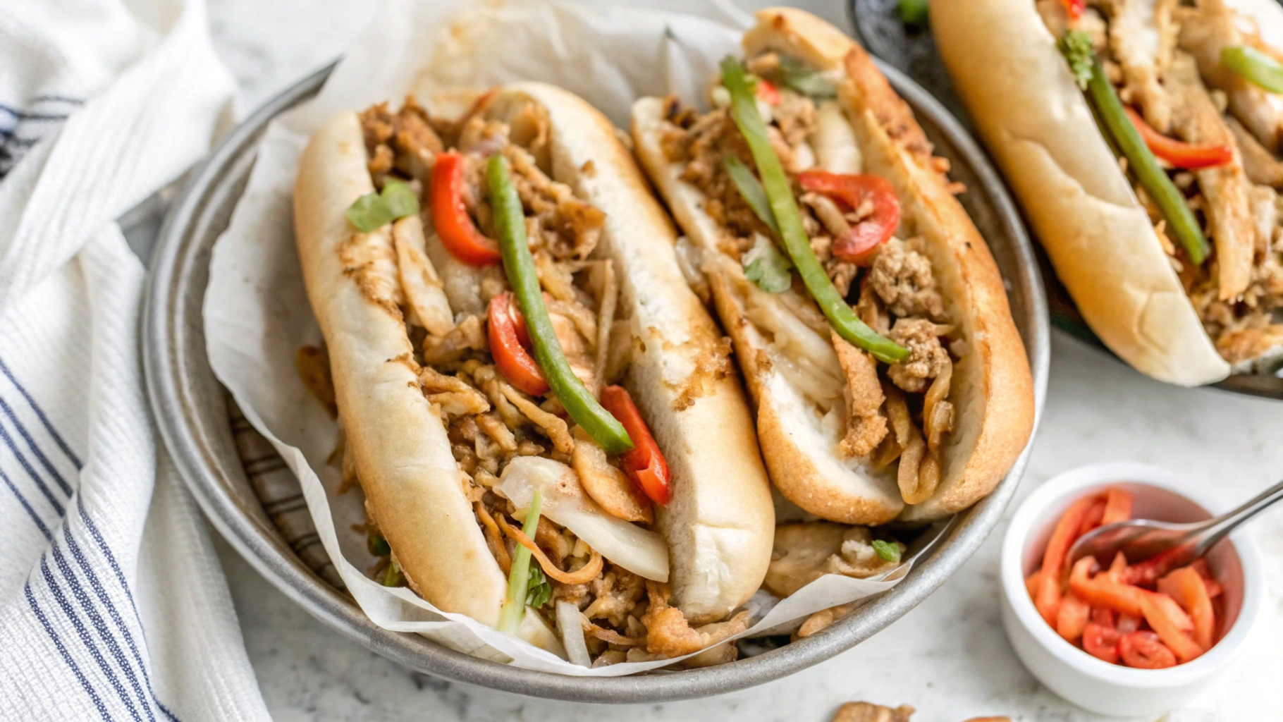 A delicious chicken cheesesteak sandwich filled with sautéed chicken, melted cheese, bell peppers, and onions, served on a toasted hoagie roll.