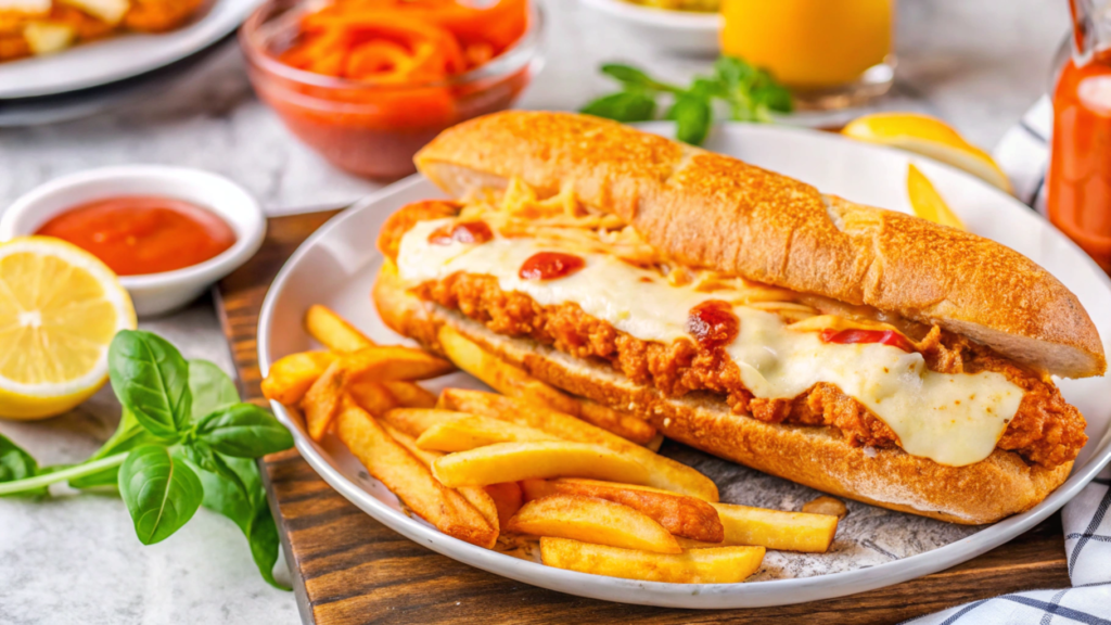 A crispy chicken parmigiana sandwich with melted cheese, marinara sauce, and fresh basil served on a toasted Italian roll.