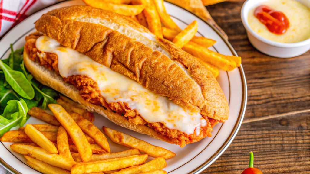 Close-up of the chicken parmigiana sandwich ingredients, including crispy breaded chicken, marinara sauce, mozzarella cheese, and a toasted roll.