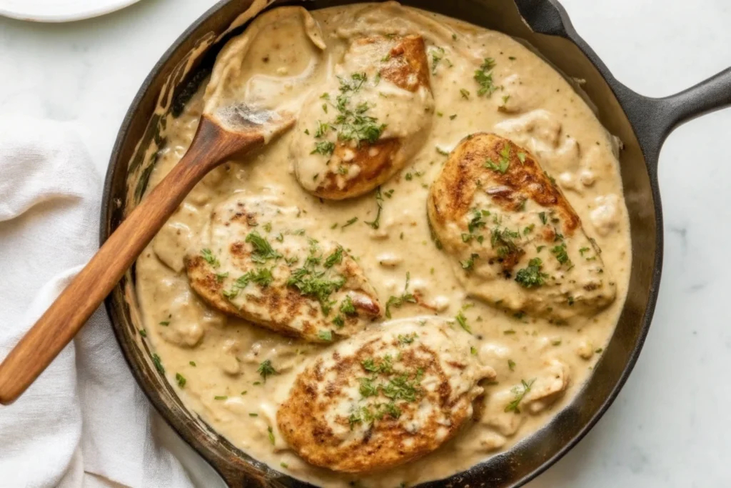 Ingredients for chicken cream cheese recipe neatly arranged on a countertop.