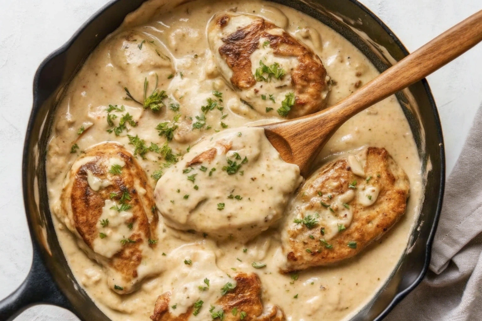 Close-up of a creamy chicken cream cheese dish garnished with fresh herbs.