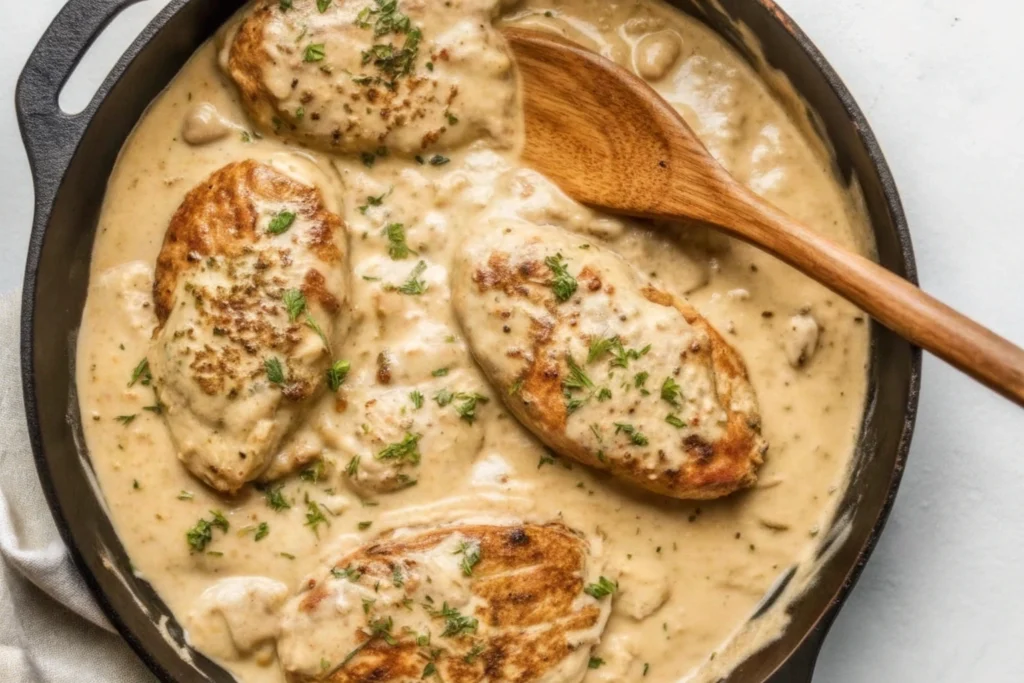 Step-by-step preparation of a chicken cream cheese recipe in a skillet.