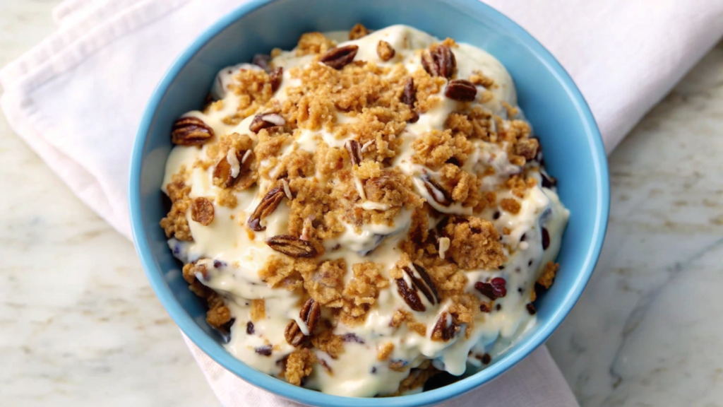 Freshly prepared Chicken Salad Chick grape salad with red and green grapes, creamy dressing, pecan topping, and brown sugar garnish, served in a white bowl.