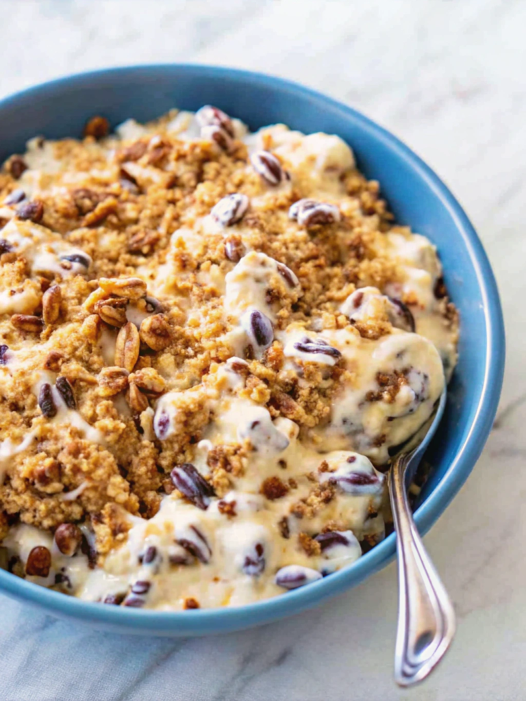 Serving bowl filled with Chicken Salad Chick grape salad, garnished with brown sugar and chopped pecans, ready to serve at a family gathering.