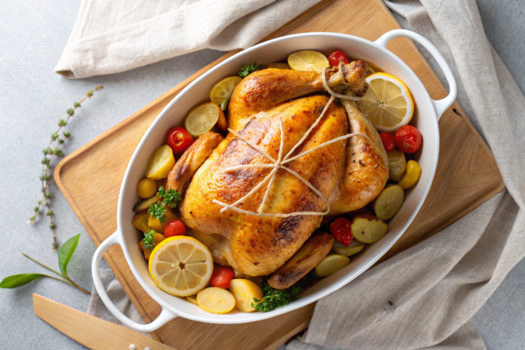 Overhead view of a roasted Italian chicken with golden-brown skin, surrounded by colorful vegetables and lemon slices in a white baking dish.