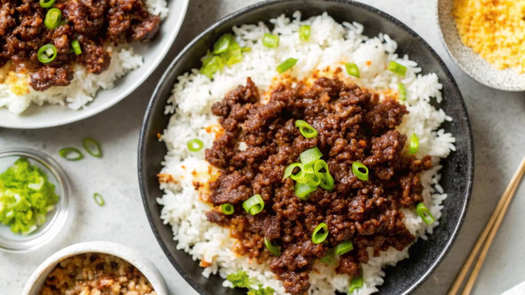 Ground beef bulgogi served with steamed rice, garnished with green onions and sesame seeds for an authentic Korean dish.