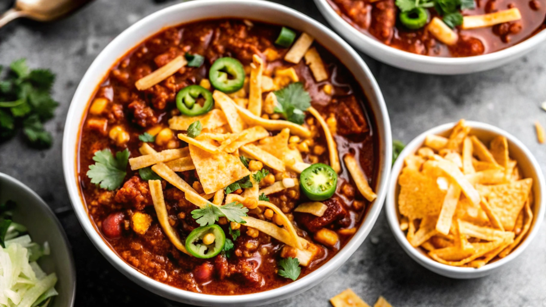 A bowl of creamy taco soup frios topped with shredded cheese, fresh cilantro, sliced avocado, and crunchy tortilla strips on a wooden table.