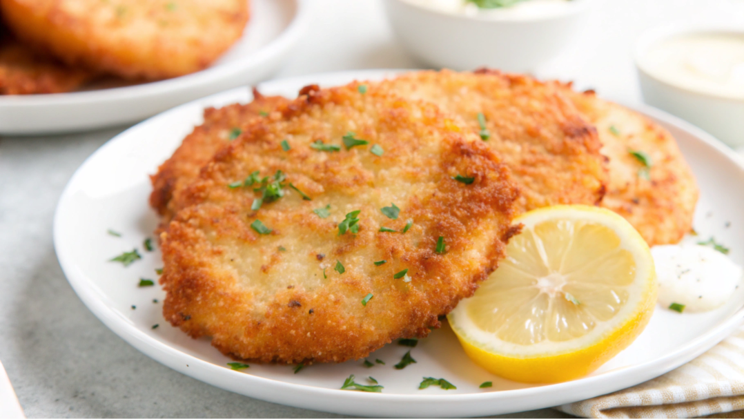 Pan-seared calamari steak on a plate with garlic butter sauce and parsley.