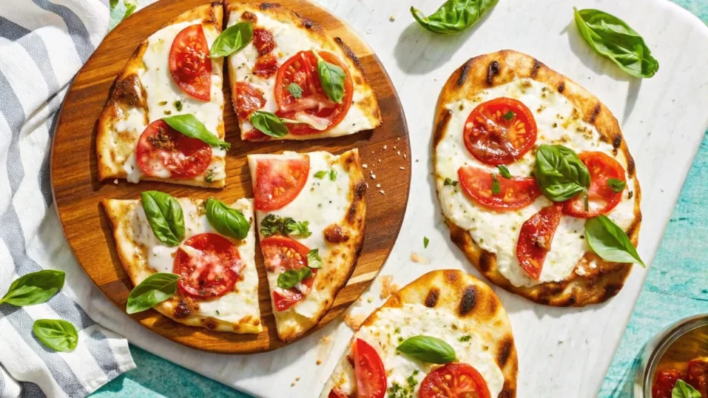 A variety of naan bread pizzas featuring colorful toppings like pepperoni, vegetables, and fresh herbs on a rustic wooden table.