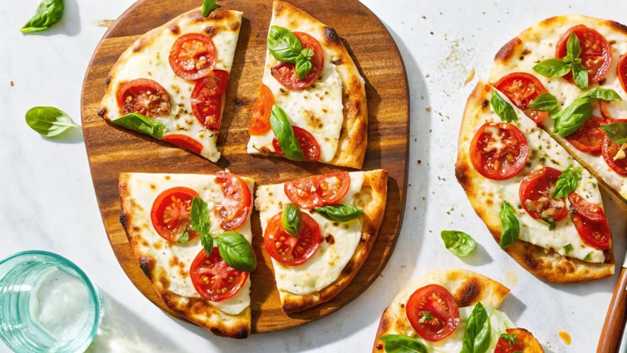 A freshly baked naan bread pizza topped with melted cheese, vegetables, and herbs on a wooden cutting board.