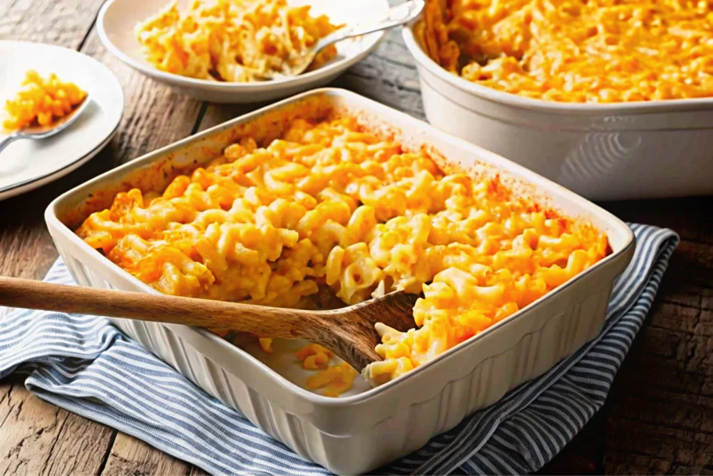 A serving of old-fashioned baked macaroni and cheese on a white plate, showcasing the creamy cheese and crunchy breadcrumb topping.