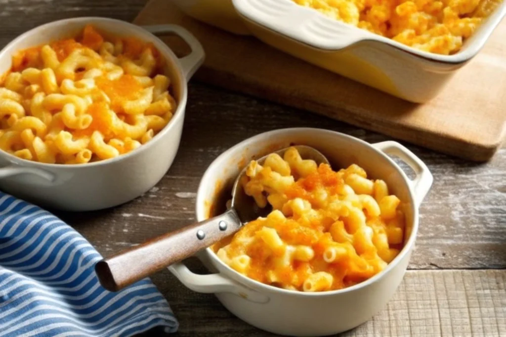 A spoon lifting a cheesy portion of old-fashioned baked macaroni and cheese from a casserole dish, highlighting its creamy texture.