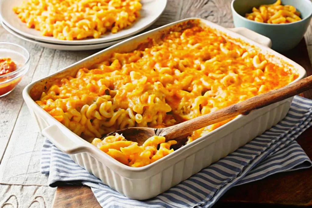 A freshly baked dish of old-fashioned macaroni and cheese with a golden breadcrumb topping, served in a casserole dish.