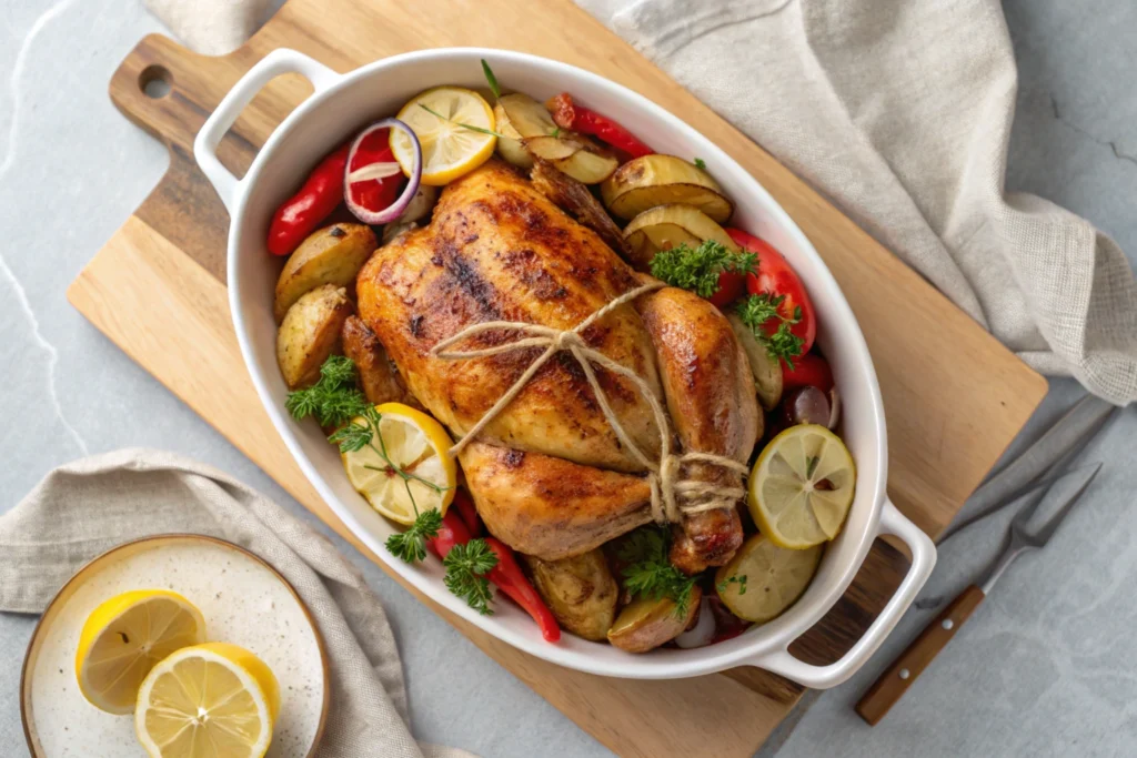 A golden Italian roast chicken garnished with fresh rosemary and lemon slices on a serving platter.