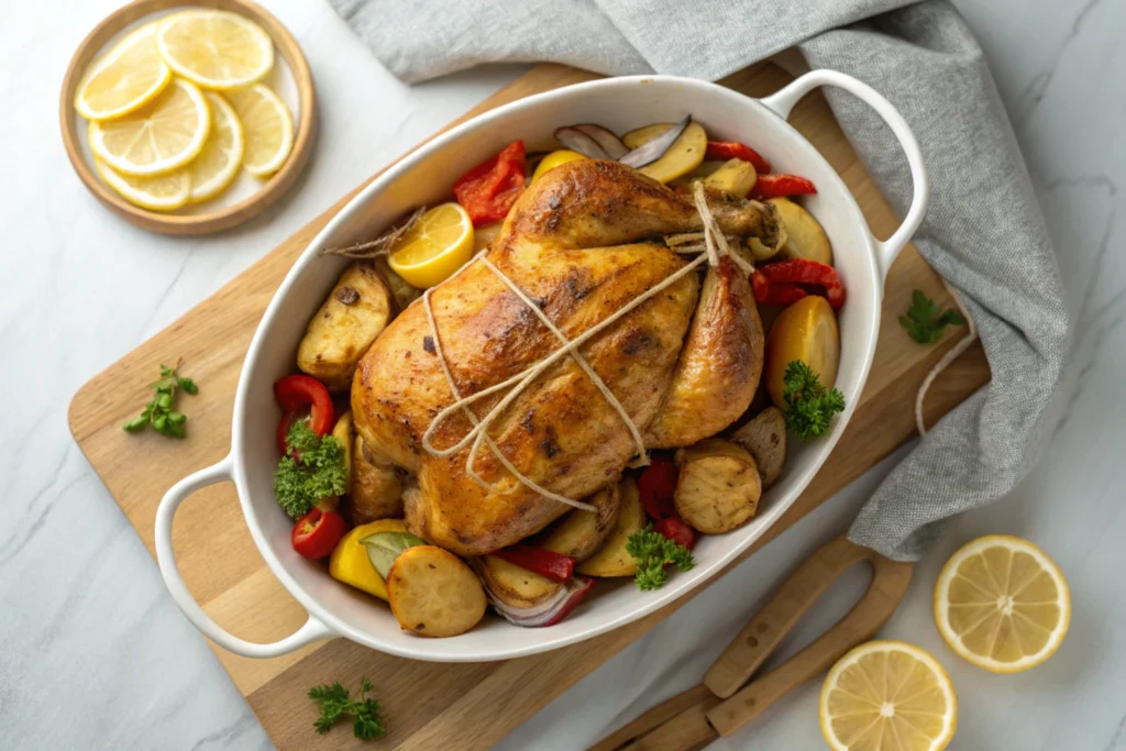 Close-up of Italian roast chicken with crispy skin, garnished with rosemary and served with roasted potatoes.