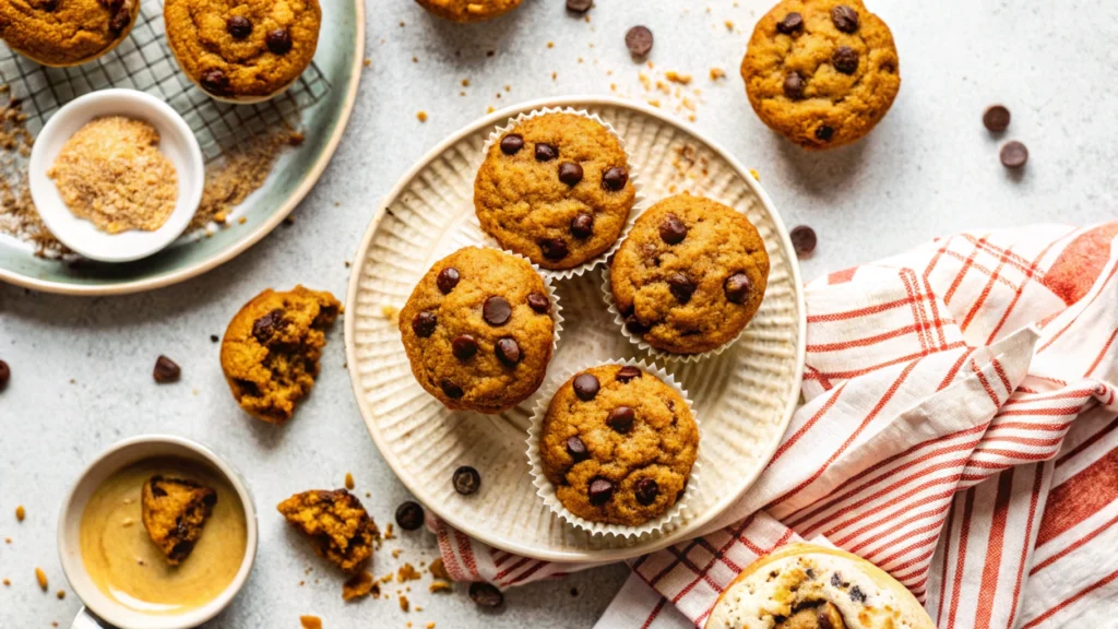 A batch of pumpkin banana muffins served on a rustic wooden platter, garnished with a sprinkle of chopped nuts.