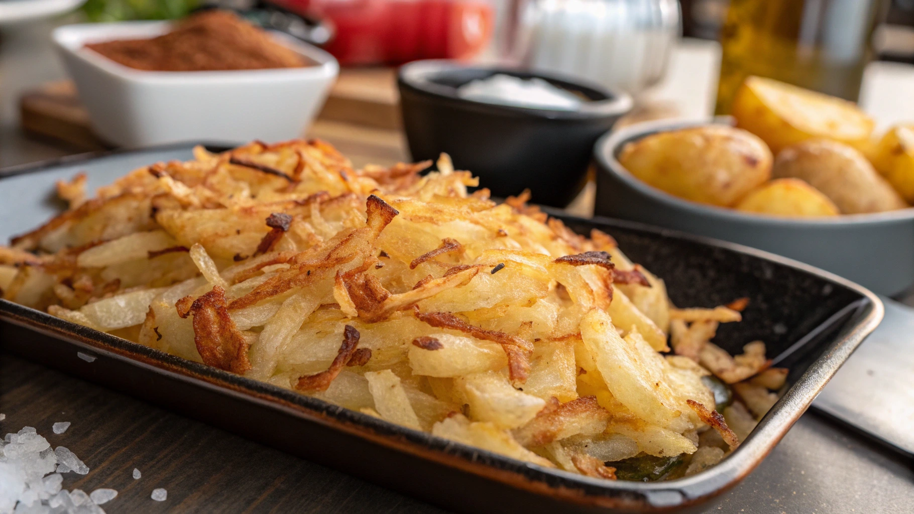 Crispy air fryer hash browns on a plate.