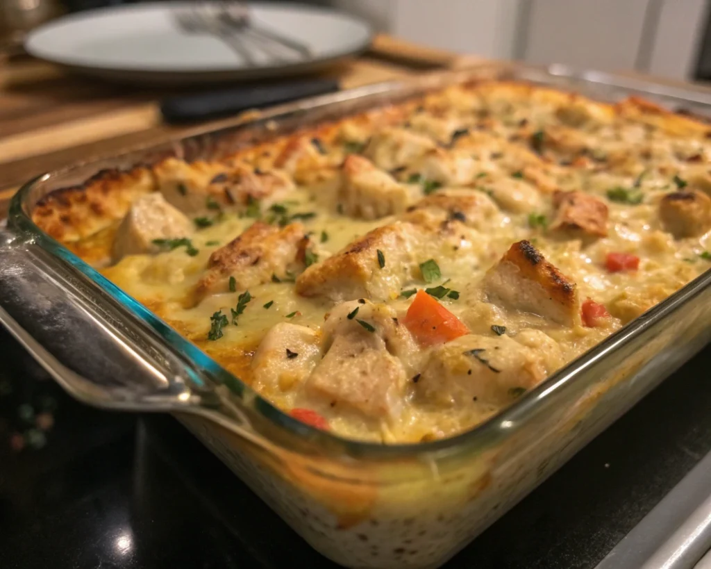 A baked chicken casserole in a glass baking dish