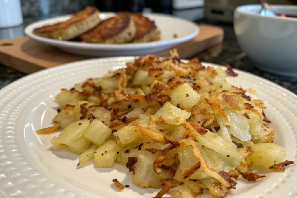 Crispy golden hash browns served in a black dish.