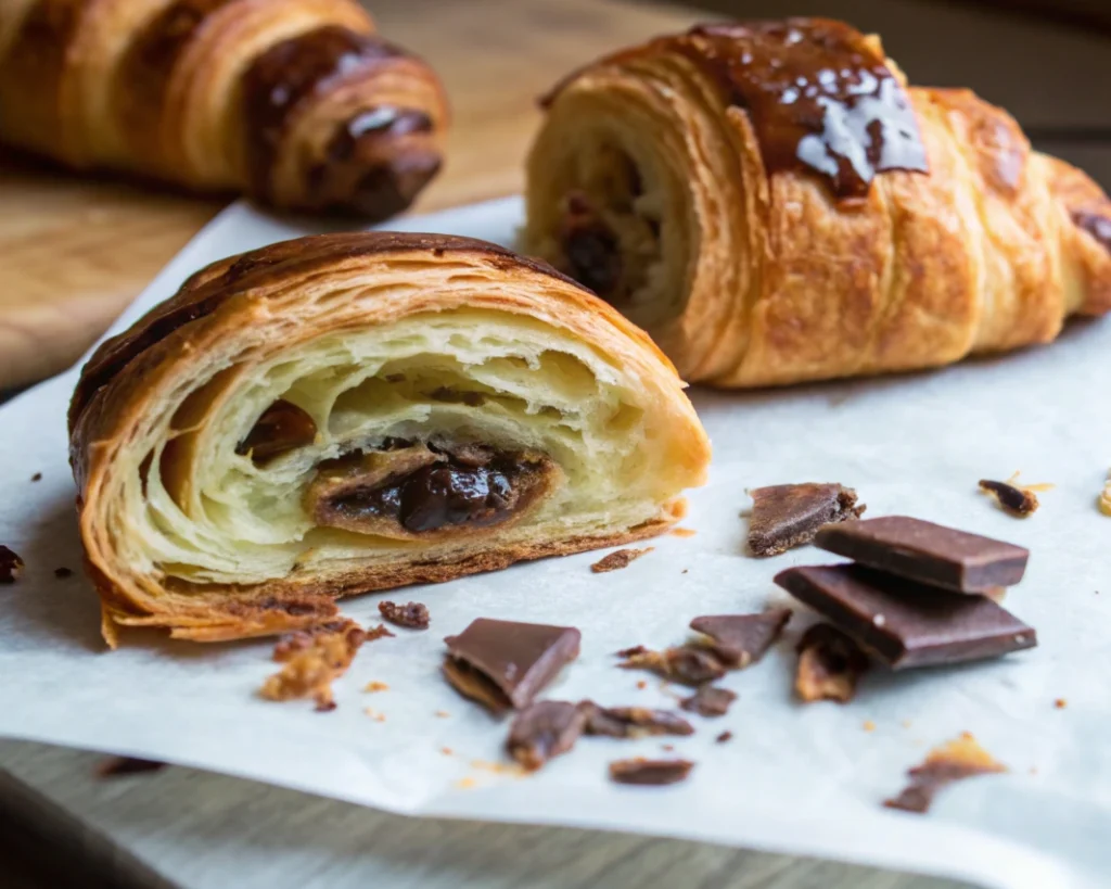 Close-up of a chocolate croissant, revealing its buttery, flaky interior and chocolate filling