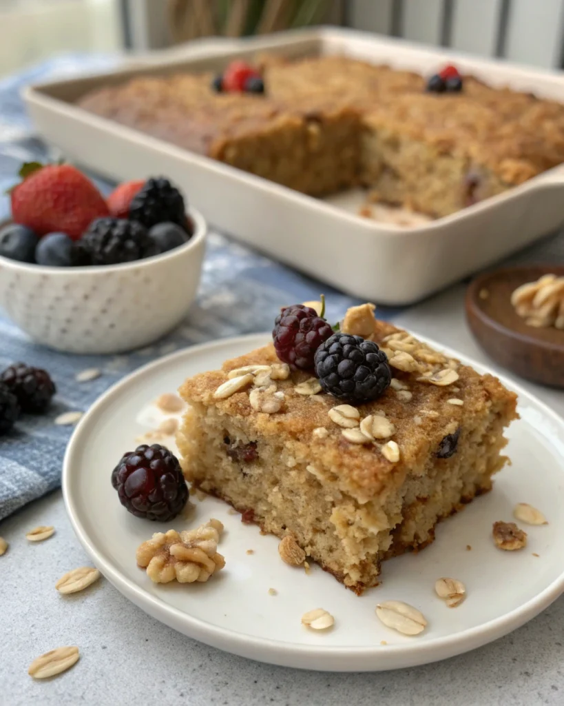 A close-up of the oatmeal cake, revealing its tender crumb and moist texture