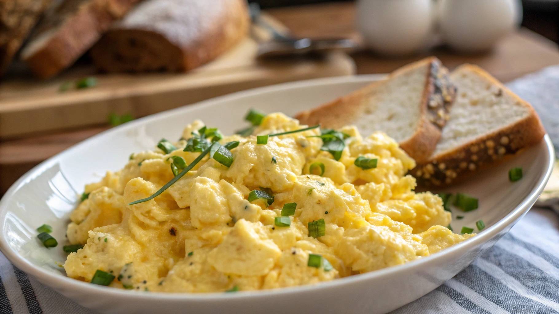 Plate of scrambled eggs with cottage cheese, served with slices of bread and additional ingredients