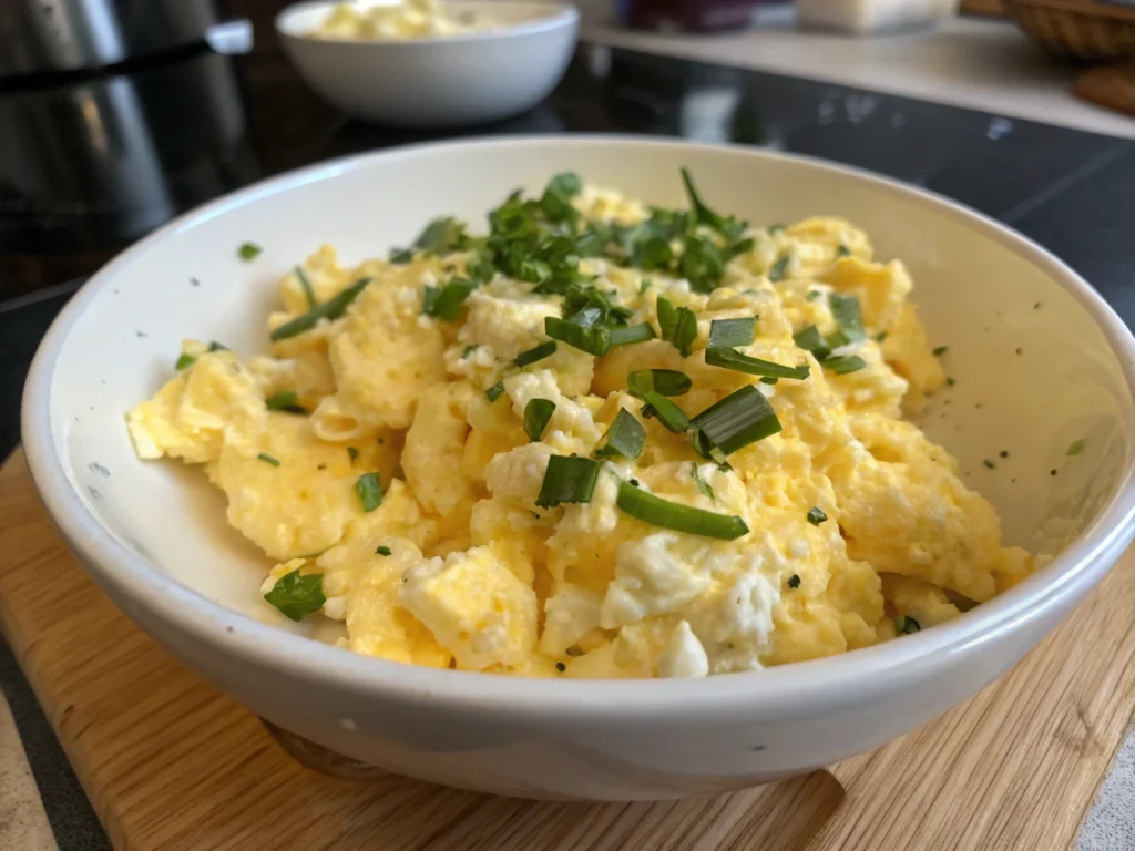 Close-up of scrambled eggs with cottage cheese, garnished with green onions