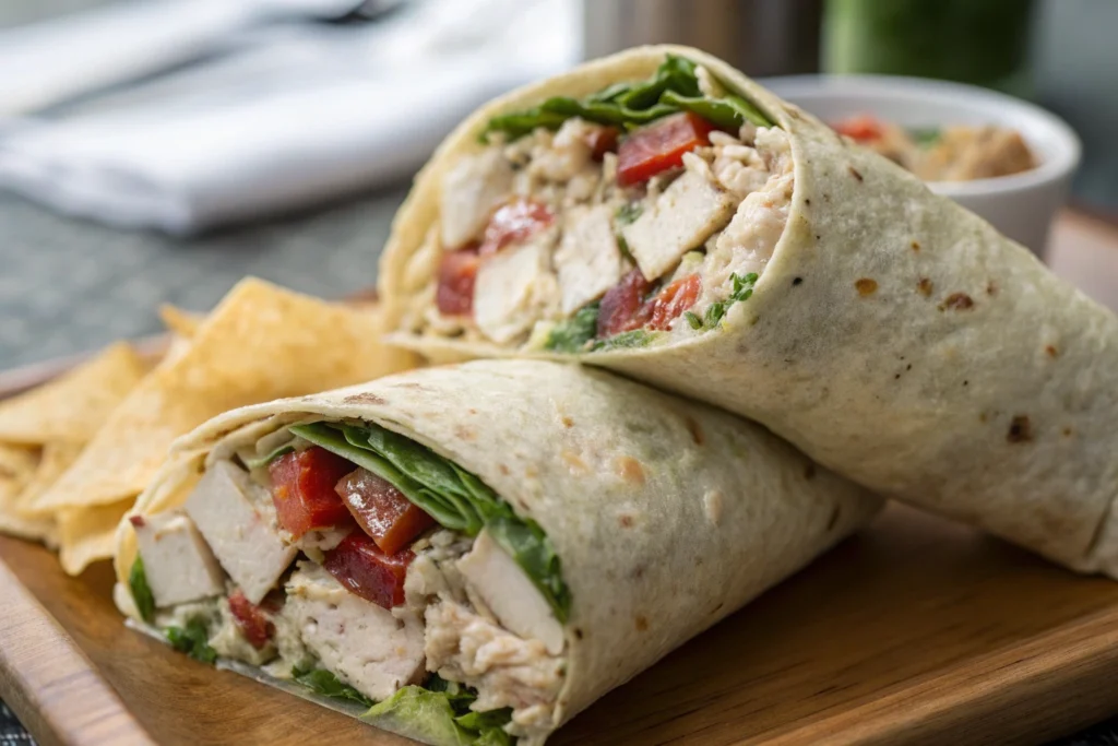 Chicken salad wrap with diced chicken, lettuce, and tomatoes on a wooden plate.