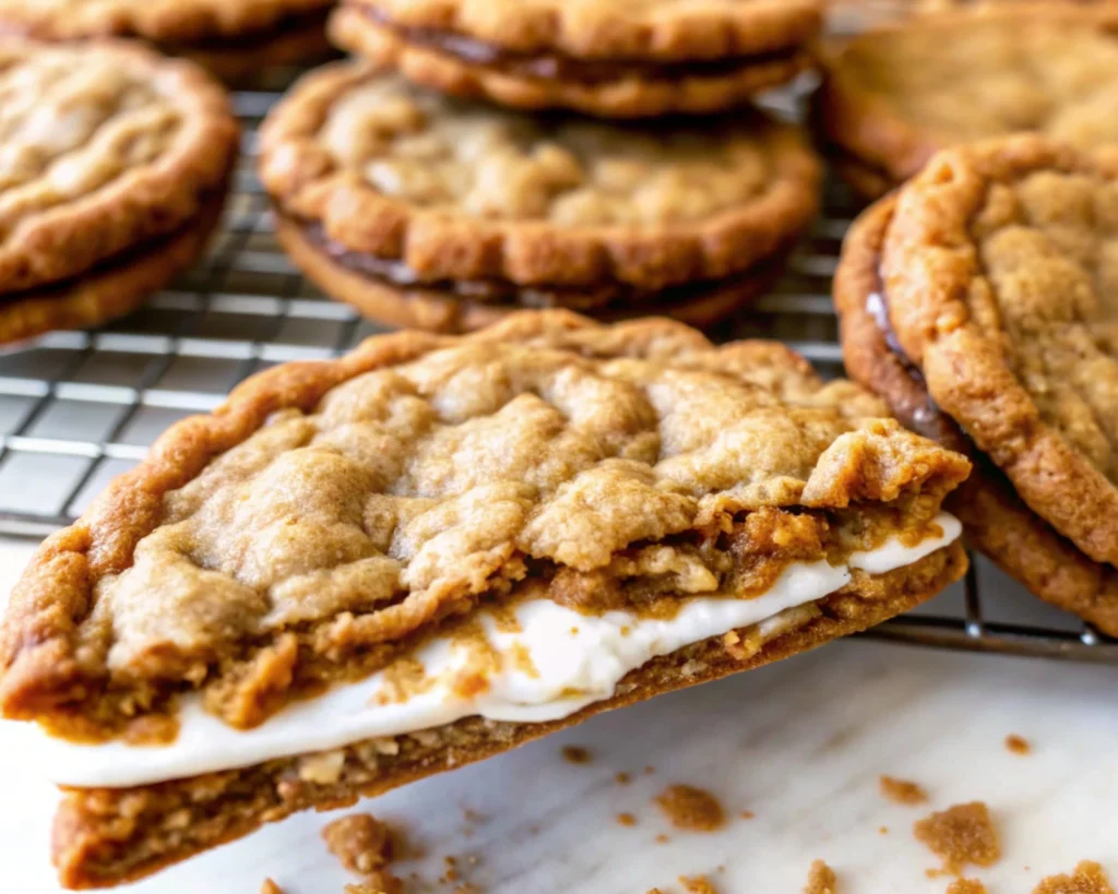 Stacked oatmeal cream pie cookies with a creamy filling