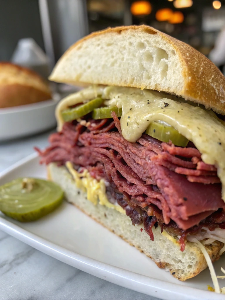 Close-up of a pastrami sandwich on roll bread with pickles and mustard.