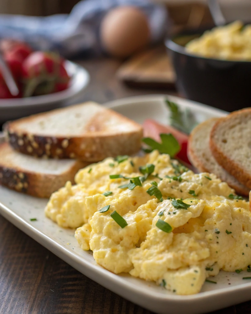 Plate of scrambled eggs with cottage cheese, garnished with green onions