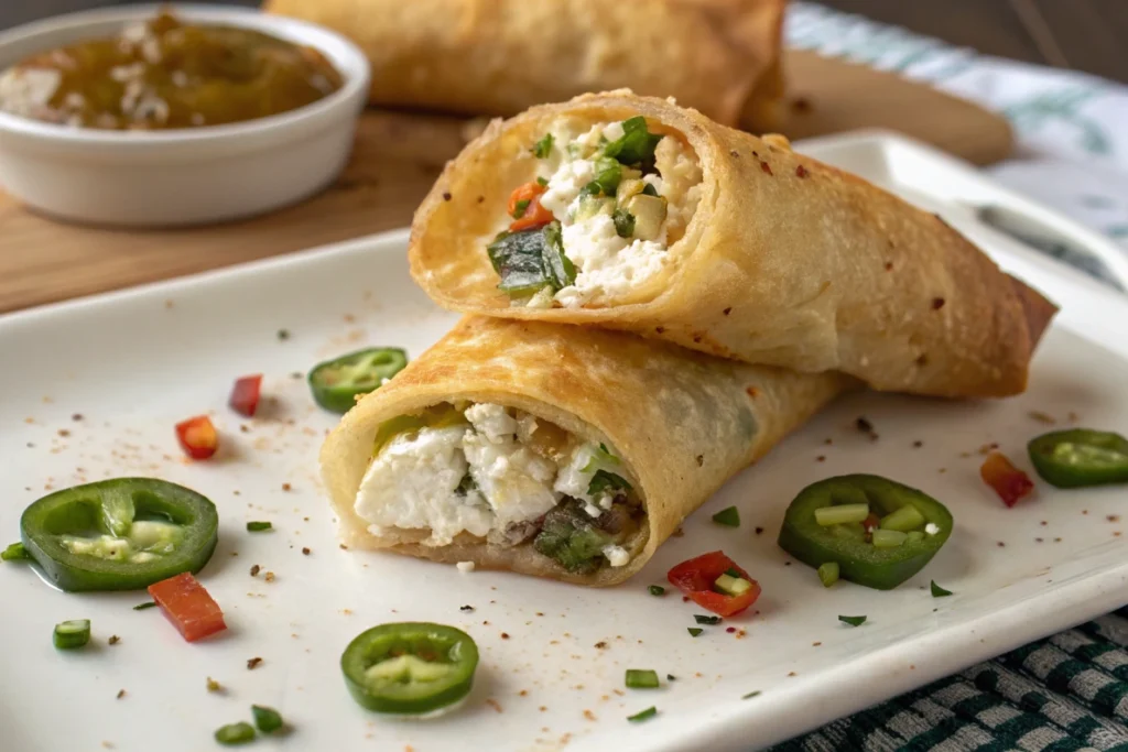 Homemade egg roll wrapper appetizers with goat cheese and jalapenos