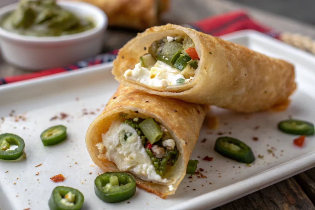 Plated egg roll wrapper appetizers with goat cheese and jalapeno