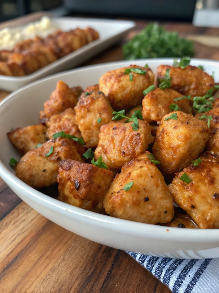 Closeup of savory fried chicken bites with a side of lemon wedges