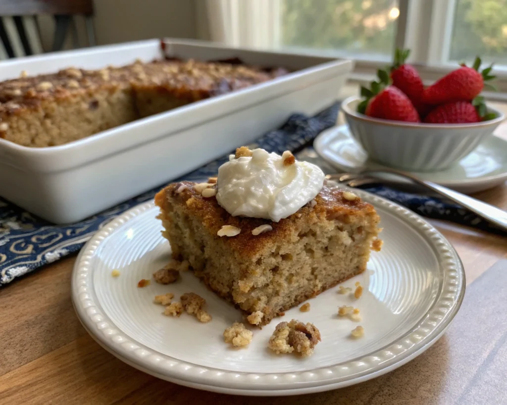 Oatmeal cake baked in a rectangular dish, ready to serve