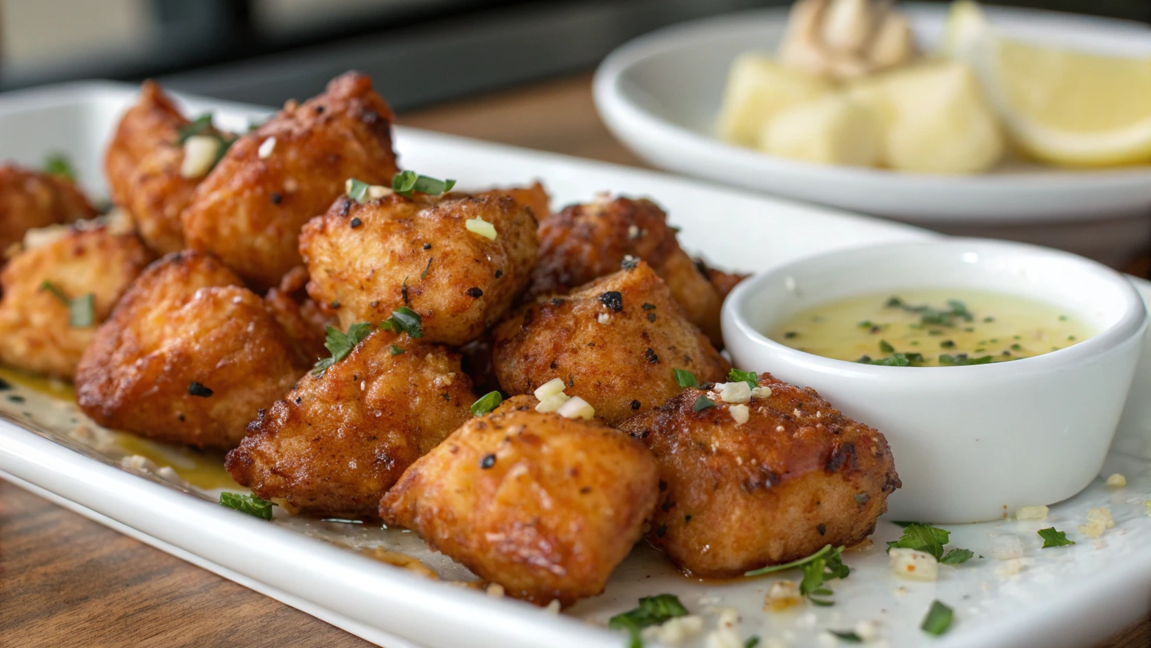 Plate of fried chicken bites served with a side of mashed potatoes and a fresh green salad