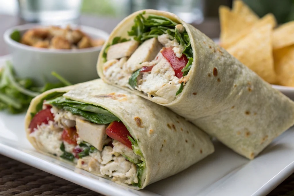 Two chicken salad wraps filled with greens and tomatoes on a white plate.