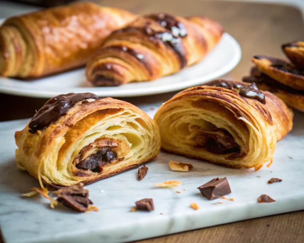 Freshly baked chocolate croissants with flaky layers and melted chocolate