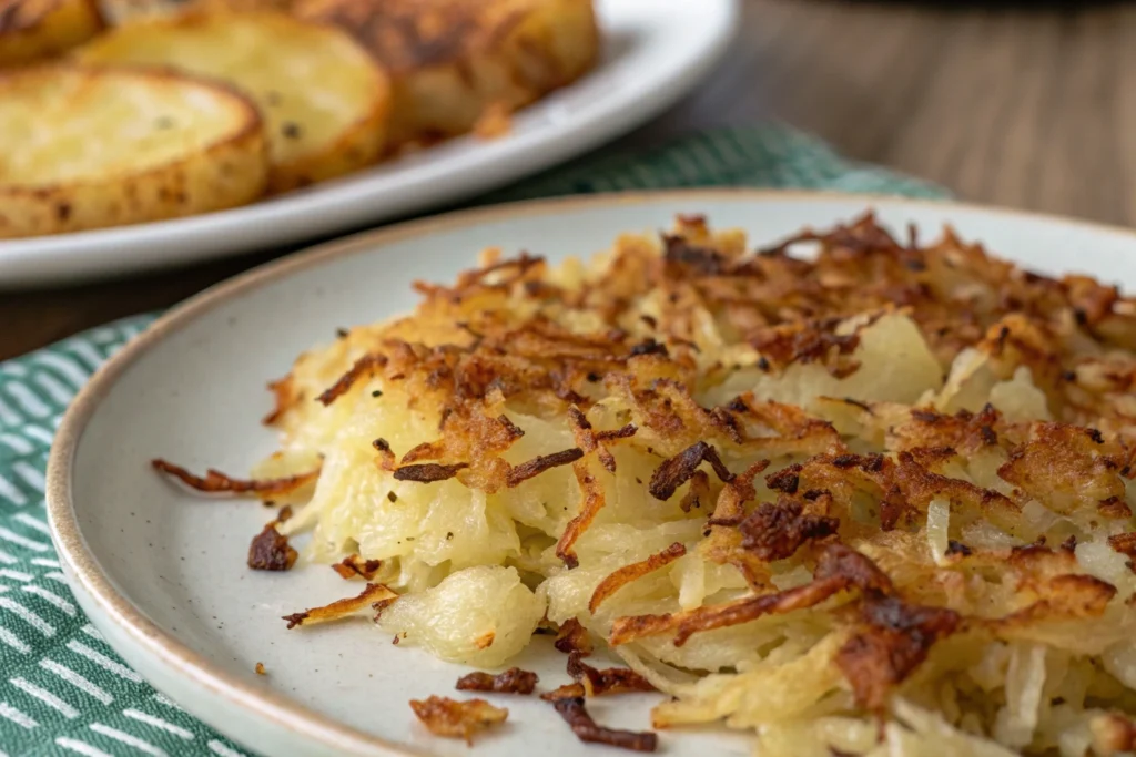 Hash browns served in a black dish with seasonings and sides.