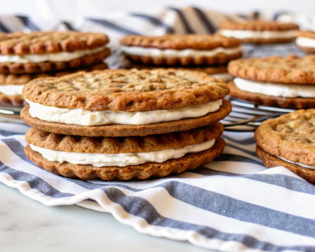 Close-up of a stacked oatmeal cream pie cookie with a creamy filling