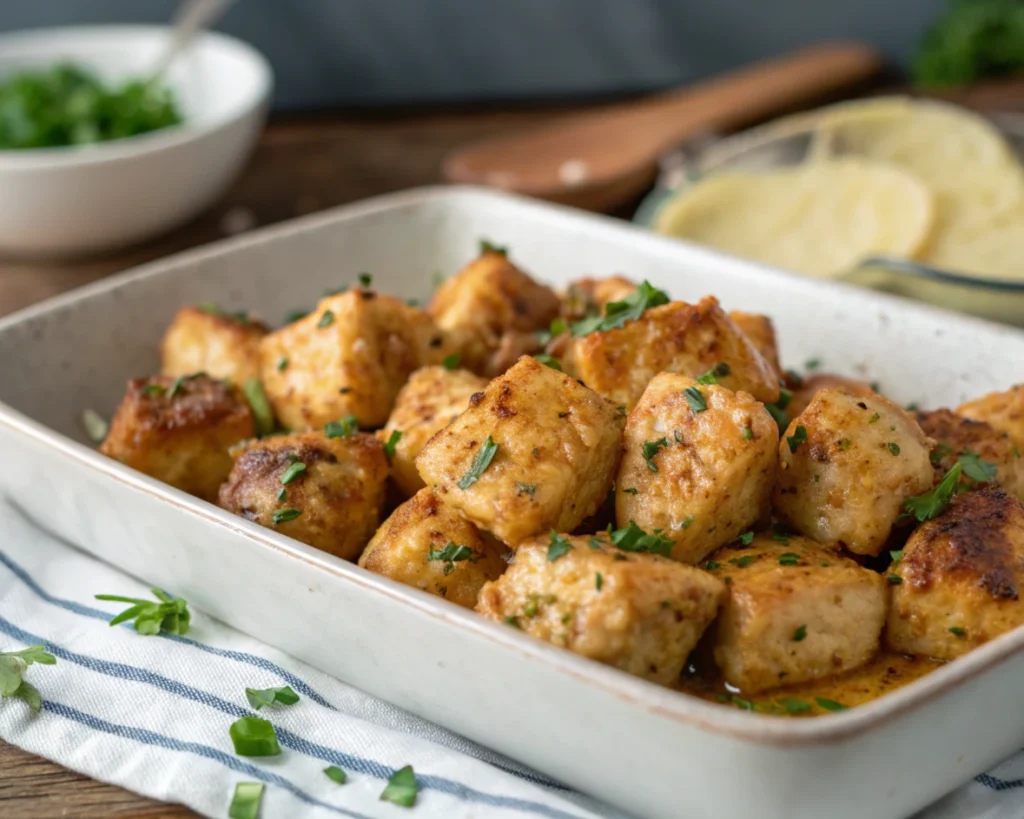 Plate of crispy fried chicken bites served with a dipping sauce