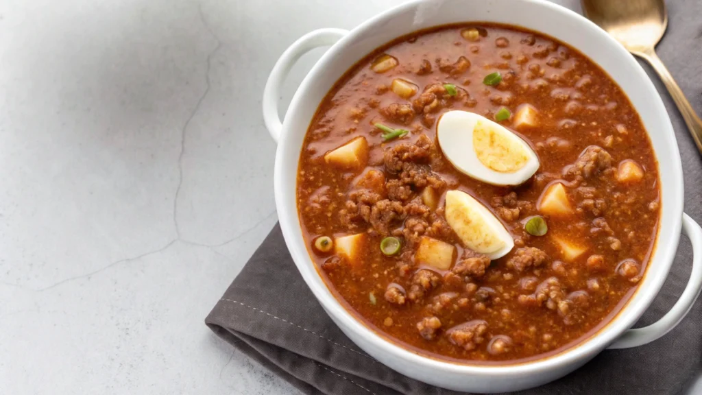 A bowl of mock turtle soup garnished with fresh herbs and crusty bread on the side.