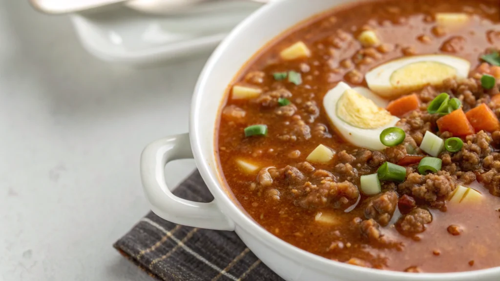 A close-up of a vegetarian mock turtle soup with colorful vegetables and a sprinkle of herbs.